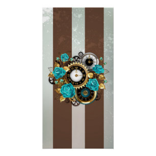 Poster Steampunk Clock and Turquoise Roses on Striped
