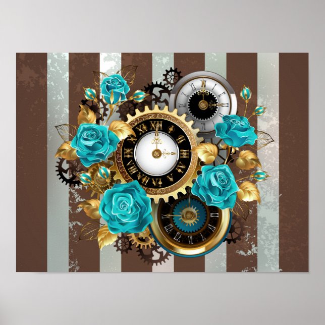 Poster Steampunk Clock and Turquoise Roses on Striped (Devant)