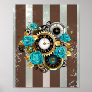 Poster Steampunk Clock and Turquoise Roses on Striped