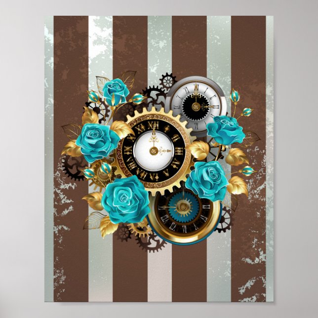 Poster Steampunk Clock and Turquoise Roses on Striped (Devant)