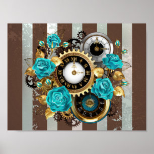 Poster Steampunk Clock and Turquoise Roses on Striped