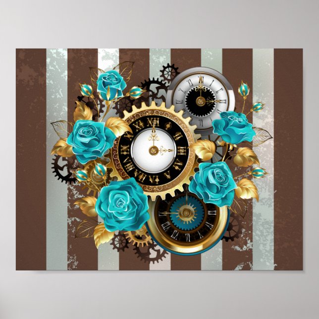 Poster Steampunk Clock and Turquoise Roses on Striped (Devant)