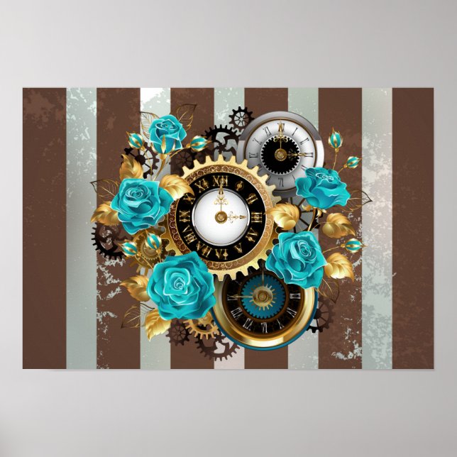 Poster Steampunk Clock and Turquoise Roses on Striped (Devant)