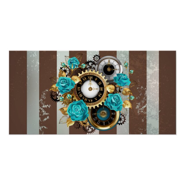 Poster Steampunk Clock and Turquoise Roses on Striped (Devant)