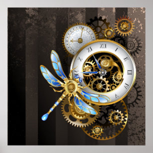 Poster Steampunk Clock with Mechanical Dragonfly