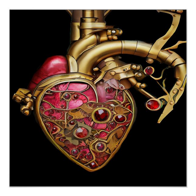 Poster Steampunk Coeur Anatomique rubis et engrenages (Devant)