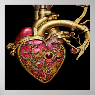 Poster Steampunk Coeur Anatomique rubis et engrenages