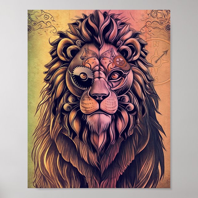 Poster Steampunk Couleur Gradient Lion Rustique (Devant)