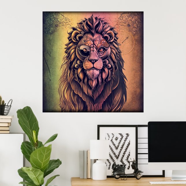 Poster Steampunk Couleur Gradient Lion Rustique (Bureau à domicile)