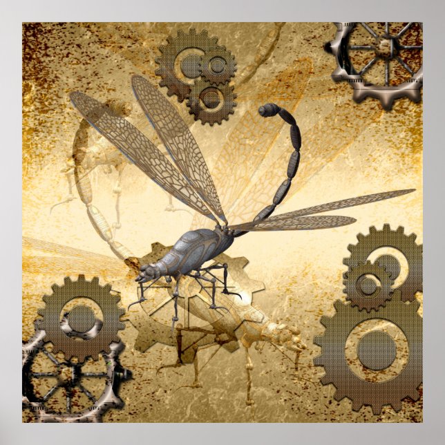 Poster Steampunk, dragonflies de vapeur impressionnantes (Devant)