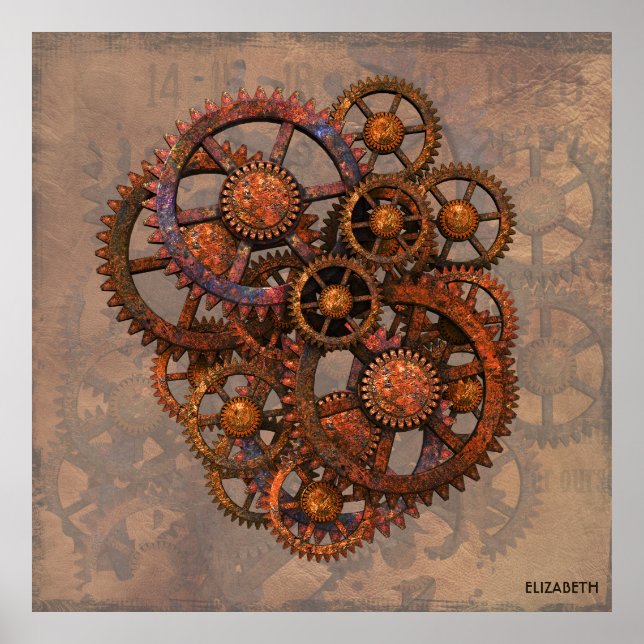 Poster Steampunk Gears En Métal Rusté Avec Ombres (Devant)
