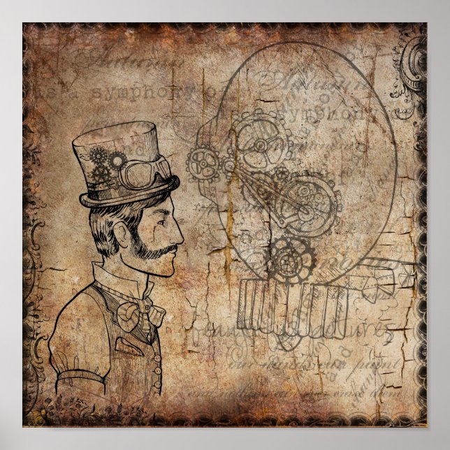 Poster Steampunk Gentleman Retro Gears (Devant)