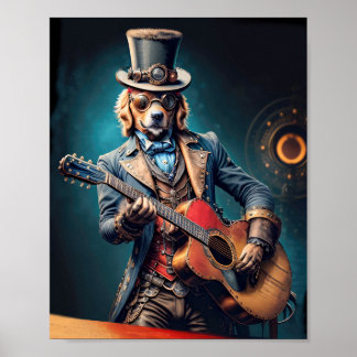 Poster Steampunk Golden Retriever jouant de la guitare