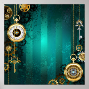 Poster Steampunk Jewelry Watch on a Green Background