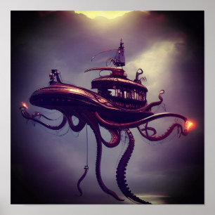 Poster Steampunk Octopus Ship Imaginaire Art