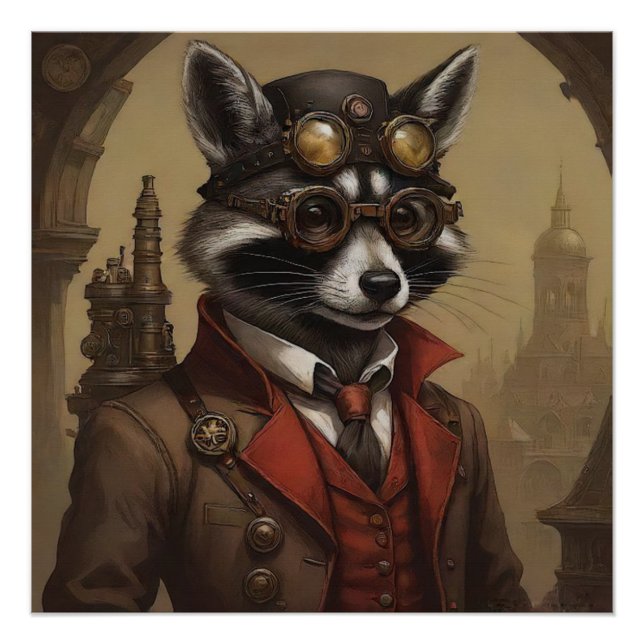 Poster Steampunk Raccoon Portrait Artistique (Devant)