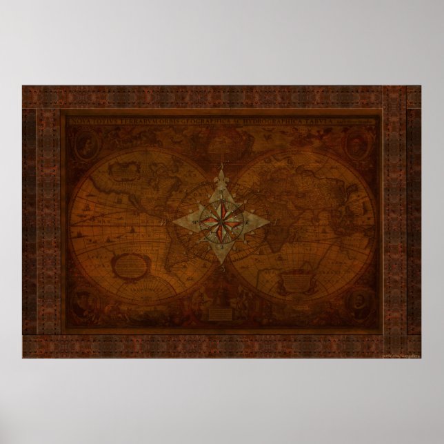 Poster Steampunk Vieux Monde Carte & Compass Rose Design (Devant)