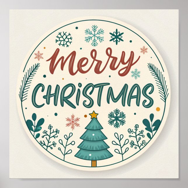Poster Sticker rond de Noël joyeux avec arbre (Devant)