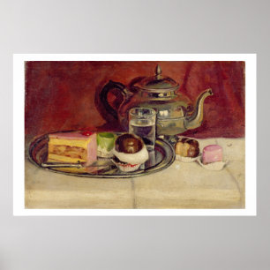 Poster Still Life with Cakes and a Silver Teapot (oil on