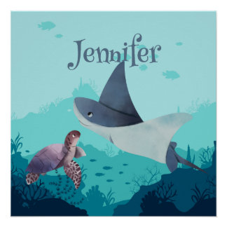 Poster Stingray personnalisé et tortue sous la mer