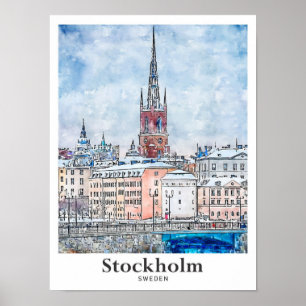 Poster Stockholm Suède Voyage Aquarelle main tiré