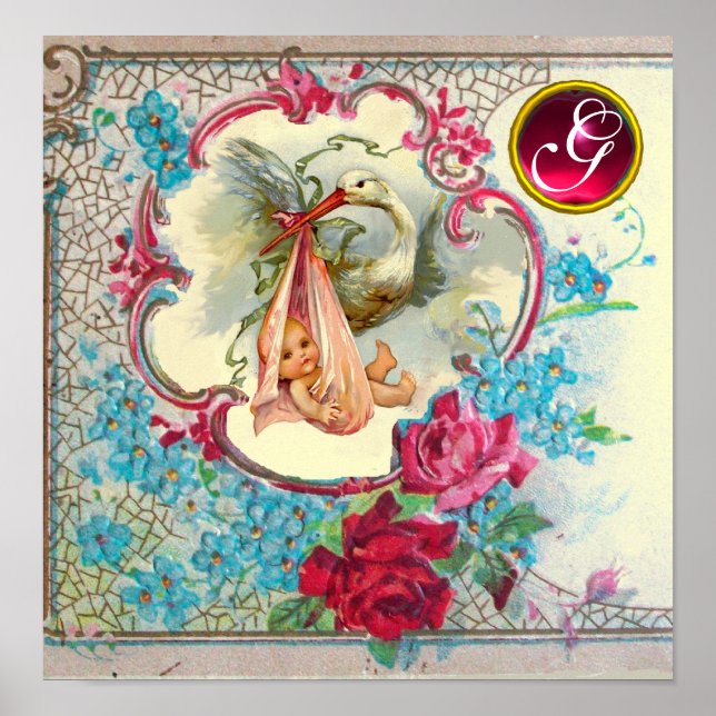 Poster STORK BÉBÉ FILLE DOUCHE Ruby Gem Pierre Monogramme (Devant)