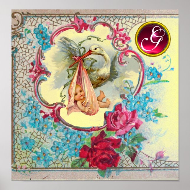 Poster STORK BÉBÉ FILLE DOUCHE Ruby Gem Pierre Monogramme (Devant)