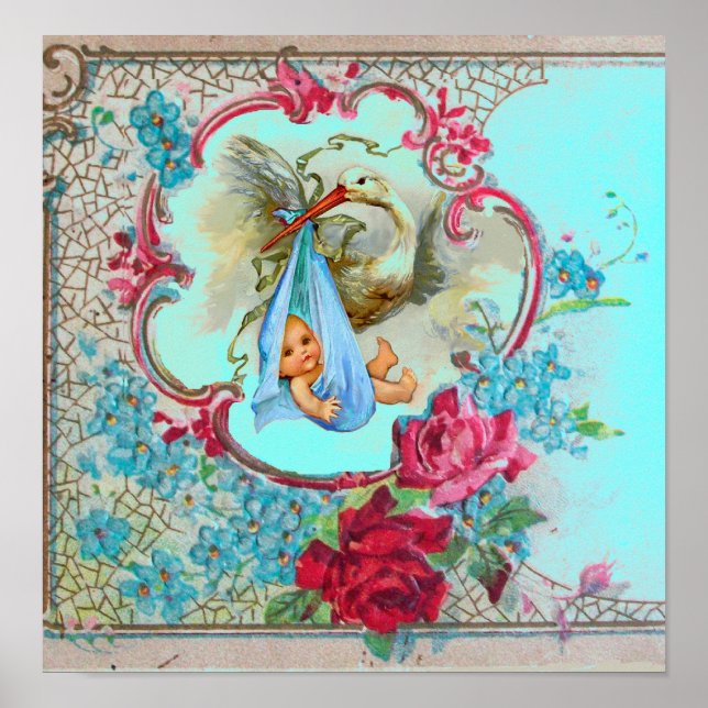 Poster STORK BÉBÉ GARÇON DOUCHE bleu turquase (Devant)