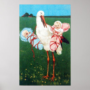 POSTER STORK TWIN GARÇON ET BABY SHOWER FILLE MONOGRAM,