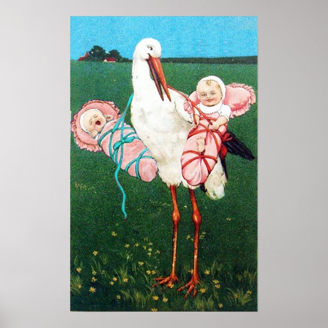 POSTER STORK TWIN GIRLS BABY SHOWER MONOGRAM, (Devant)