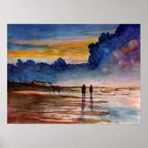 Poster Stormy Sunset Beach Composé Aquarelle Paysage mari