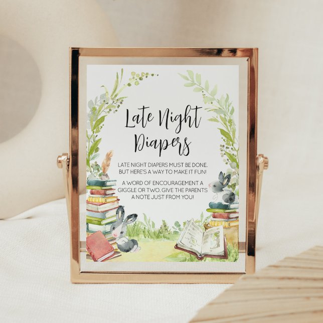 Poster Storybook New Chapter Late Night Diapés (Vintage Storybook Rabbit Baby Shower Late Night Diapers Sign)