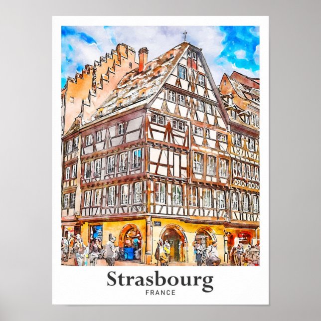 Poster Strasbourg France Aquarelle Voyage Main tirée (Devant)