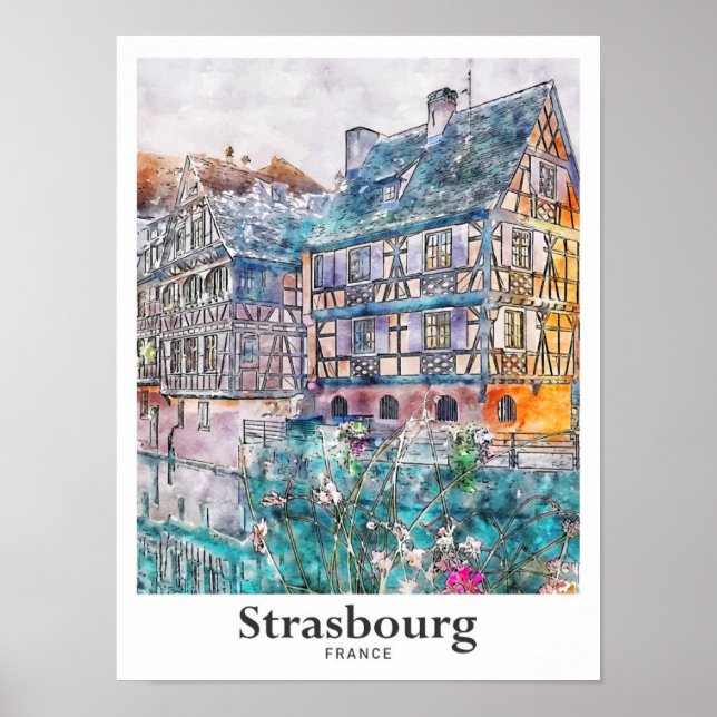 Poster Strasbourg France Aquarelle Voyage Main tirée (Devant)