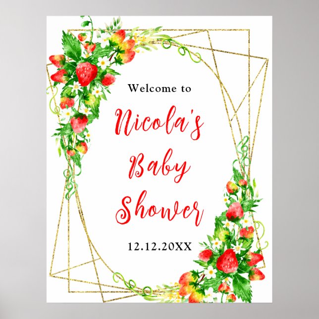 Poster Strawberries and Daisies Baby Shower Welcome (Devant)