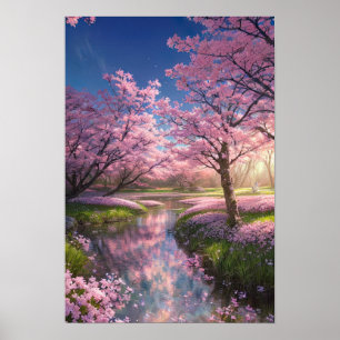 Poster Stream serene et Sakura Trees