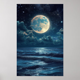 Poster Stress Night Sky Pleine lune Mer Art réaliste Post
