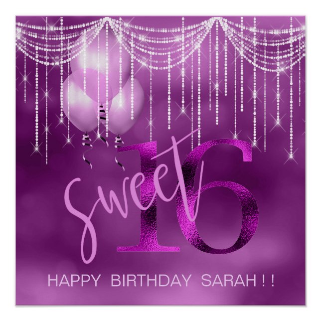 Poster String Lights & Balloons Sweet 16 Orchid ID473 (Devant)