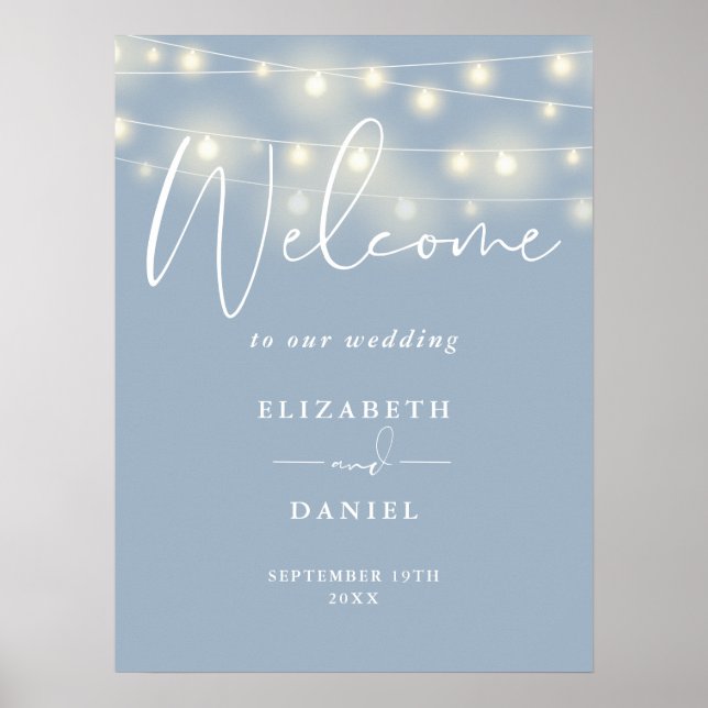 Poster String Lights Dusty Blue Wedding Welcome Sign (Devant)