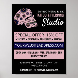 Poster Studio De Tatouage Crâne Rose, Tatouage & Piercing