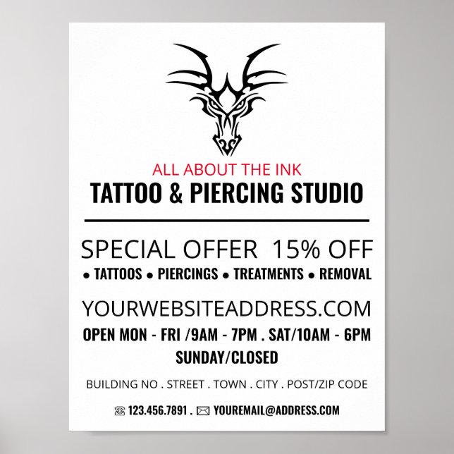 Poster Studio De Tatouage Dragon, Tatouage & Piercing Cor (Devant)