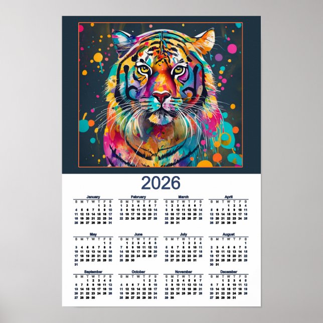 Poster Stunning Watercolor Tiger 2026 Calendar  (Devant)