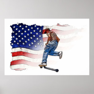 Poster Stunt Scooter Rider and US Flag 