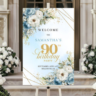 Poster Stylé aquarelle bleu poussiéreux or 90e anniversai
