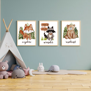 Poster Style d'aquarelle mignonne Renard et Arbres Nom du