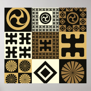 Poster Style japonais, or noir sans couture motif.