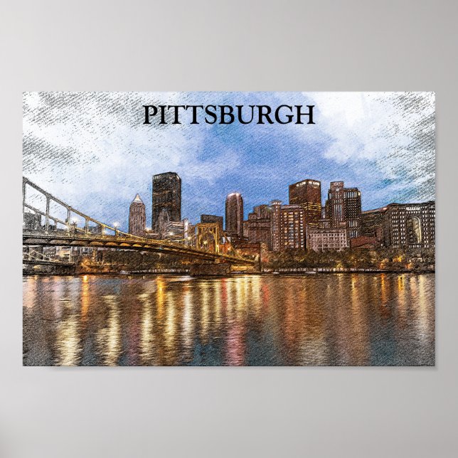 Poster Style Pittsburgh Cityscape Watercolor Cityscape (Devant)