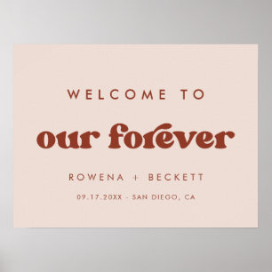 Poster Stylé rétro rose pêche Bienvenue à notre Forever