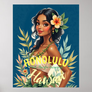 Poster Style vintage Hawaiian Travel Honolulu Mid-Pacific