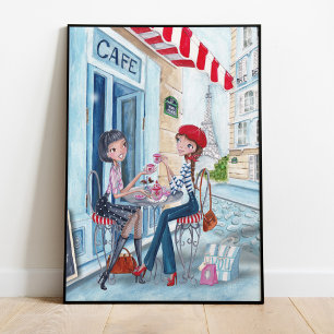 Poster Stylish blue and red Tea in Paris illustration